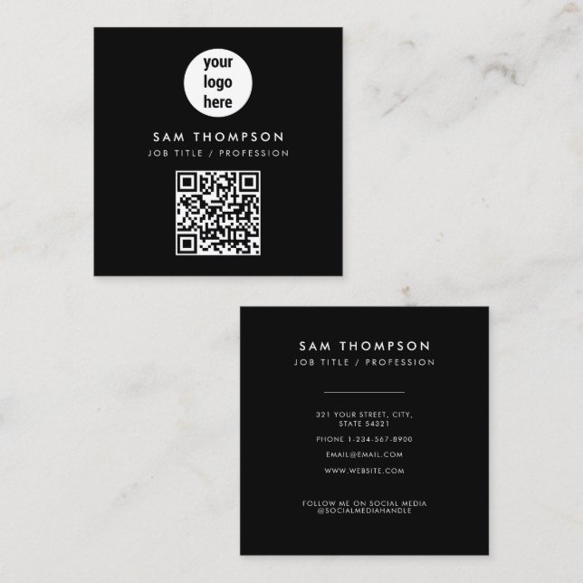 QR Code Business-Logo Modern Minimalistisch Schwar Quadratische Visitenkarte (Vorne/Hinten)