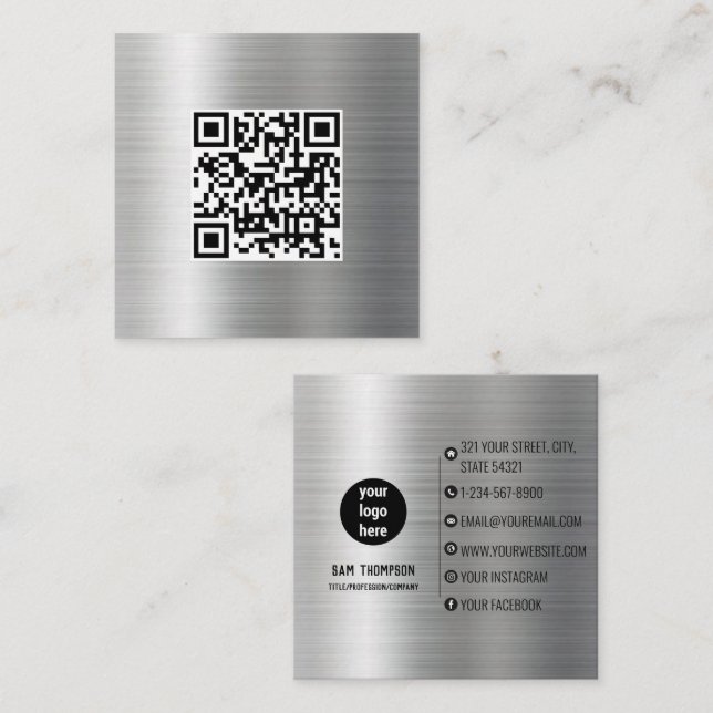 QR-Code-Business-Logo-Visitenkarte für Silver Meta Quadratische Visitenkarte (Vorne/Hinten)