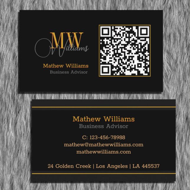 QR Code Business, modern | Black Monogram Pro Visitenkarte (Von Creator hochgeladen)