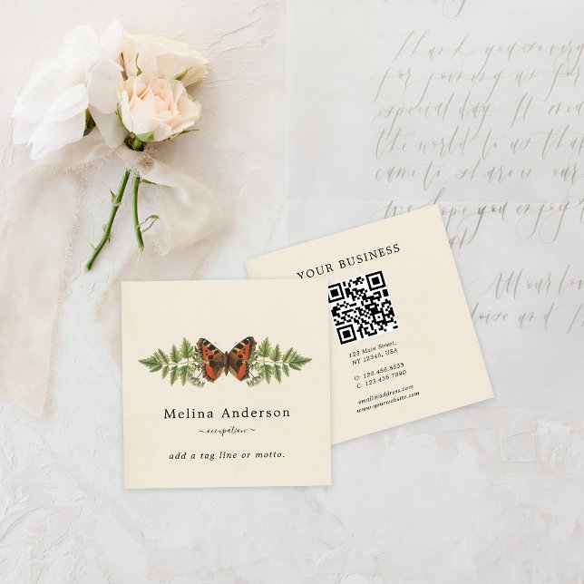 QR Code Butterfly Botanischer Platz Business Card Quadratische Visitenkarte (Von Creator hochgeladen)