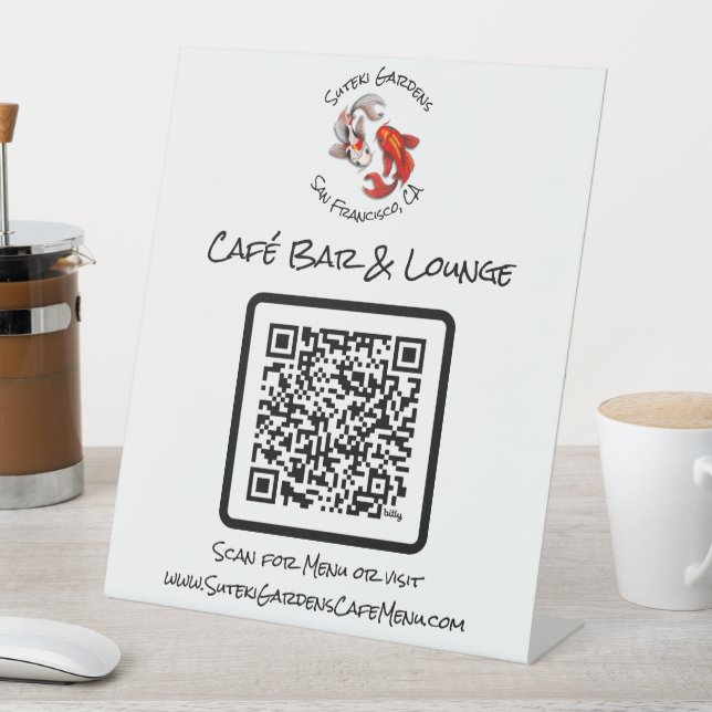QR Code Café Menü Yin Yang Koi Fish Business-Logo Sockelschild (In Situ)