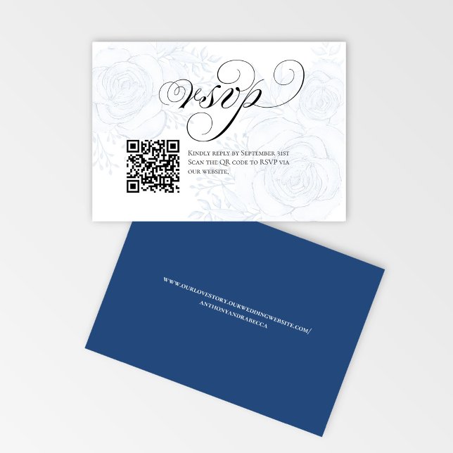 QR Code Calligraphy Wedding RSVP Response Card Karte (Elegant blue floral RSVP card with QR code for easy online wedding response)