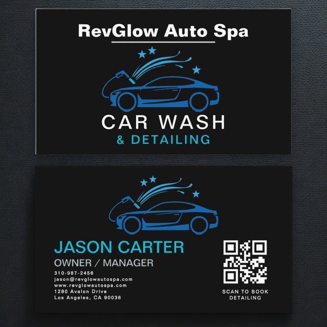 QR Code Car Wash & Detailing Blue Luxury Style Visitenkarte (Von Creator hochgeladen)