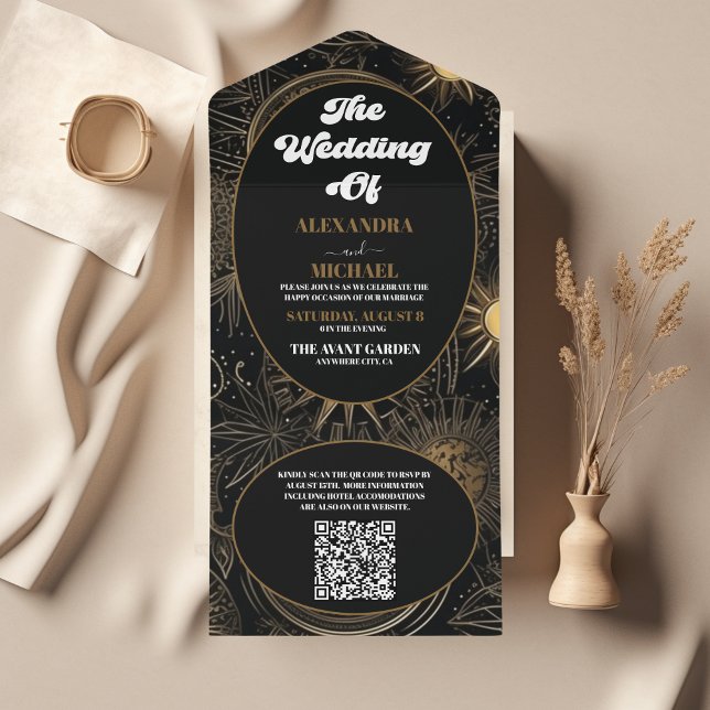 QR Code Celestial Black Gold Wedding All In One Einladung (Von Creator hochgeladen)