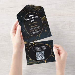 QR Code Celestial Crescent Moon Gold Wedding All In One Einladung