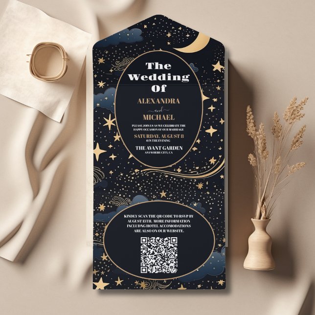 QR Code Celestial Midnight Blue Stars Moon Wedding All In One Einladung (Von Creator hochgeladen)