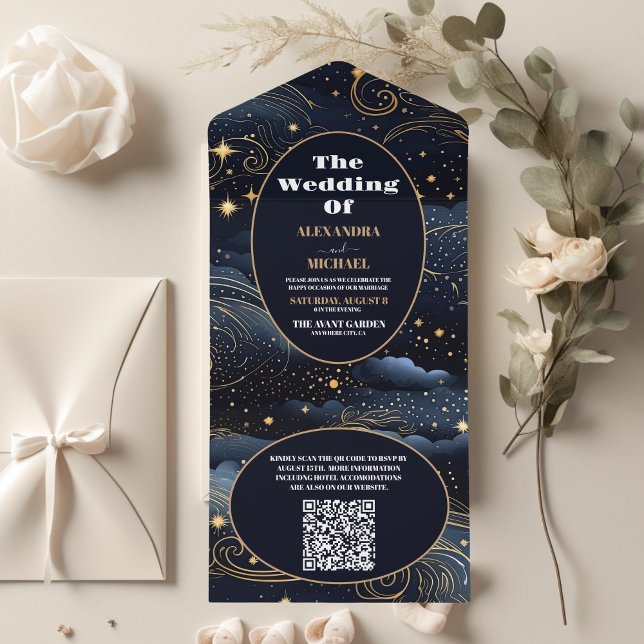 QR Code Celestial Midnight Blue Stars Moon Wedding All In One Einladung (Von Creator hochgeladen)