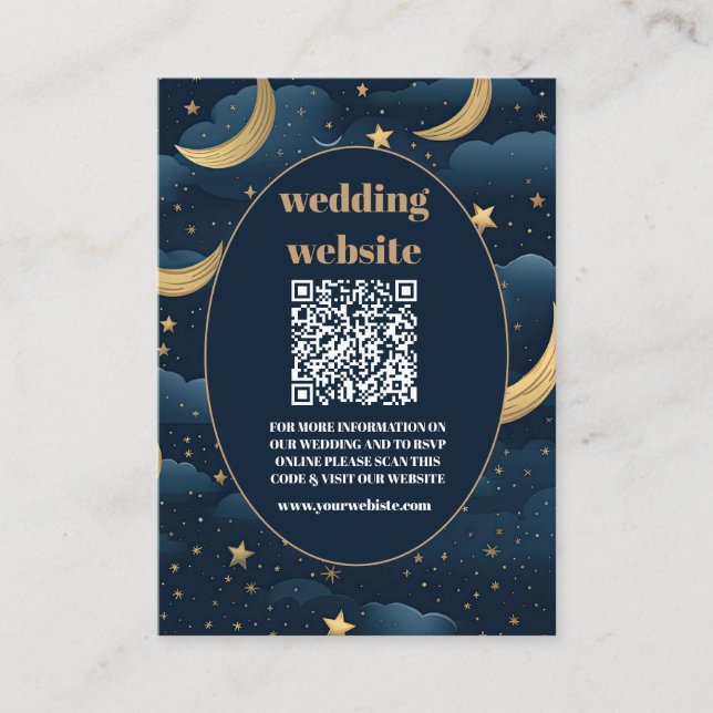 qr code Celestial Midnight Blue Stars Moon Wedding Begleitkarte (Vorderseite)