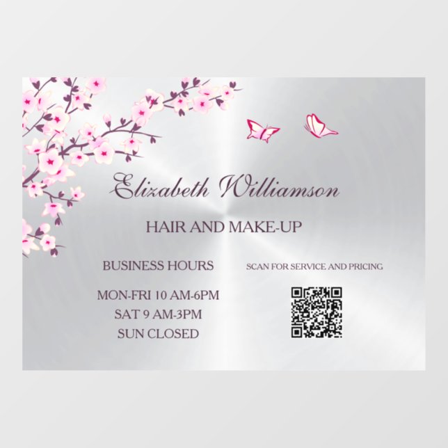 QR-Code | Cherry Blossom Pink Silver Salon Fensteraufkleber (Blatt)