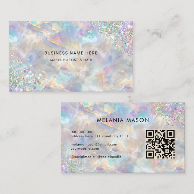 QR Code Chic Holographic Glitzer Irediscent Opal Visitenkarte (Vorne/Hinten)
