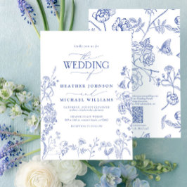 QR Code Chinoiserie French Blue Floral Wedding Einladung