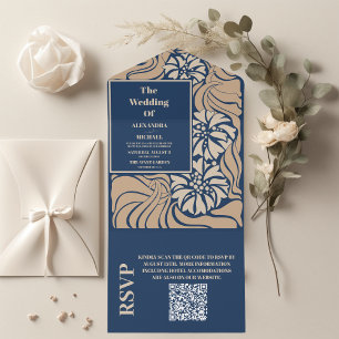 QR Code Classic Blue Art Nouveau Wedding All In One Einladung