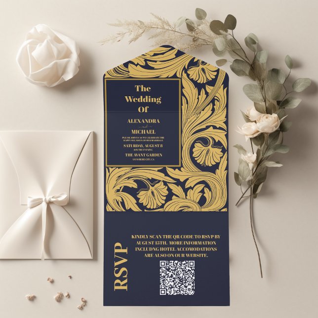 QR Code Classic Blue Art Nouveau Wedding All In One Einladung (Von Creator hochgeladen)