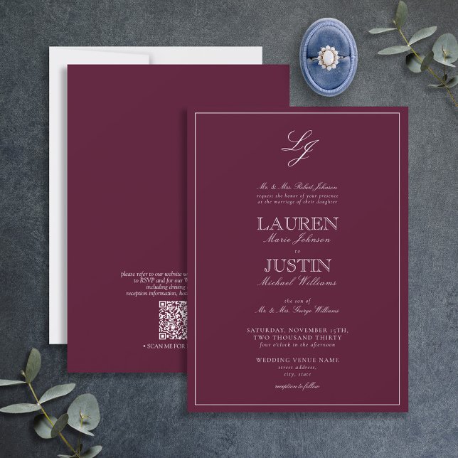 QR Code Classic Burgundy Script Monogram Wedding I Einladung (Von Creator hochgeladen)