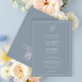 QR Code Classic Dusty Blue Script Monogram Wedding Einladung