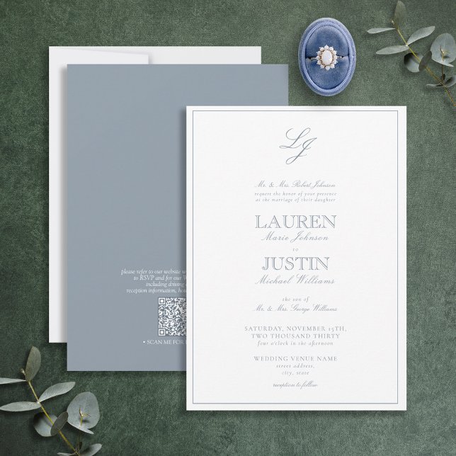 QR Code Classic Dusty Blue Script Monogram Wedding Einladung (Von Creator hochgeladen)