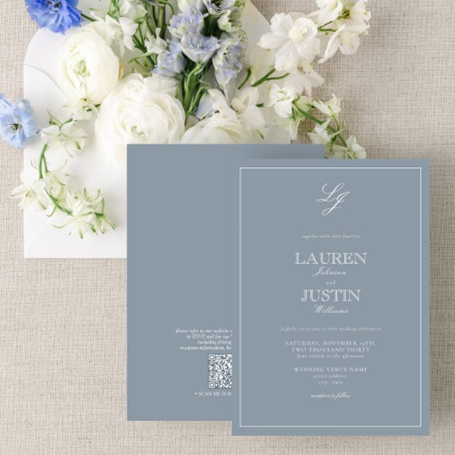 QR Code Classic Dusty Blue Script Monogram Wedding Einladung (Von Creator hochgeladen)