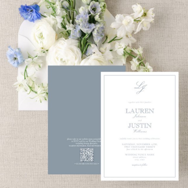 QR Code Classic Dusty Blue Script Monogram Wedding Einladung (Von Creator hochgeladen)