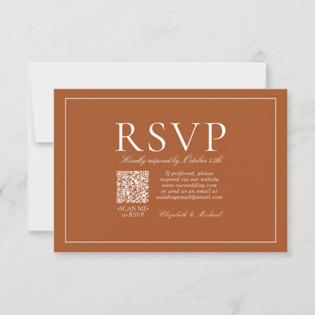 QR Code Classic Elegant Burnt Orange Script RSVP Karte (Vorderseite)