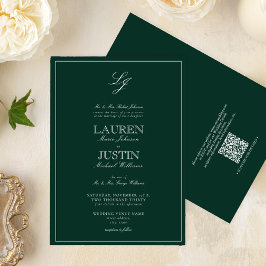 QR Code Classic Emerald Green Monogram Wedding Einladung