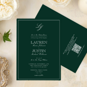 QR Code Classic Emerald Green Monogram Wedding Einladung
