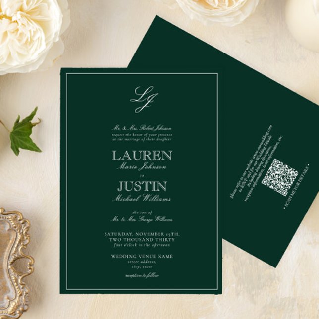 QR Code Classic Emerald Green Monogram Wedding Einladung (Von Creator hochgeladen)