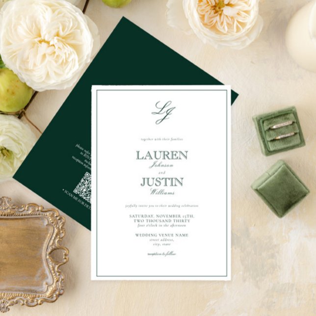QR Code Classic Emerald Green Monogram Wedding Einladung (Von Creator hochgeladen)