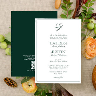 QR Code Classic Emerald Green Monogram Wedding Einladung
