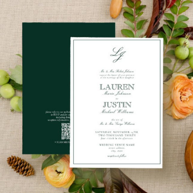QR Code Classic Emerald Green Monogram Wedding Einladung (Von Creator hochgeladen)