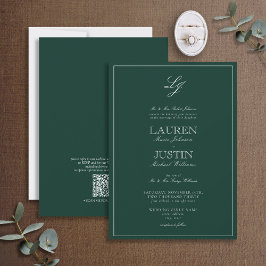 QR Code Classic Emerald Green Monogram Wedding Einladung