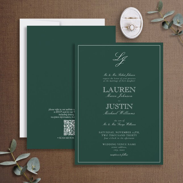 QR Code Classic Emerald Green Monogram Wedding Einladung (Von Creator hochgeladen)