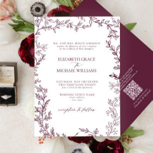 QR Code Classic Formal Burgundy Leafy Wedding Einladung