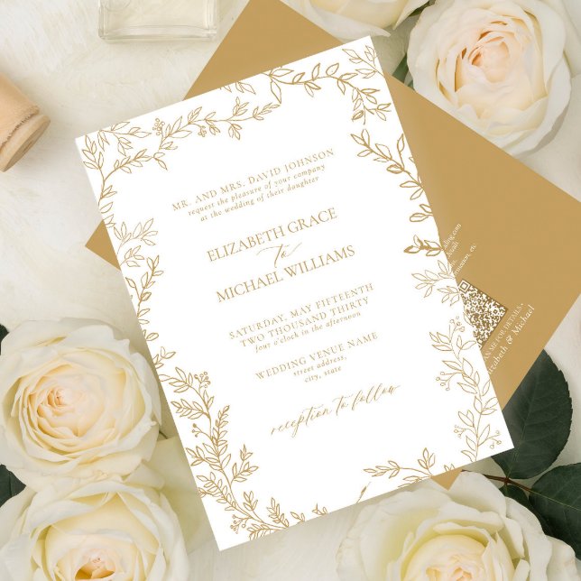 QR Code Classic Formal Elegante Goldleafy Hochzeit Einladung (Von Creator hochgeladen)