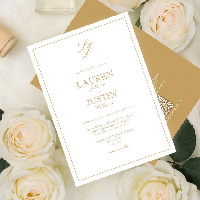 QR Code Classic Gold Script Monogram Wedding Einladung (Von Creator hochgeladen)