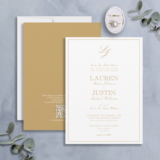 QR Code Classic Gold Script Monogram Wedding Einladung (Von Creator hochgeladen)