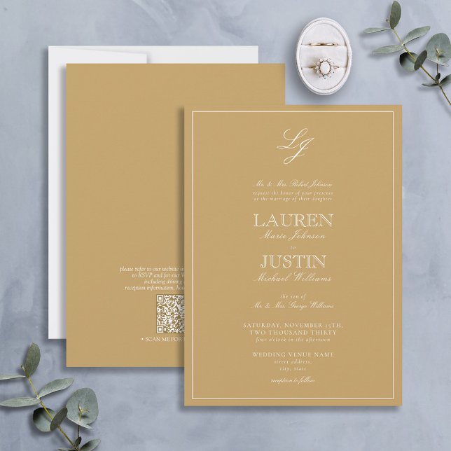 QR Code Classic Gold Script Monogram Wedding Invit Einladung (Von Creator hochgeladen)