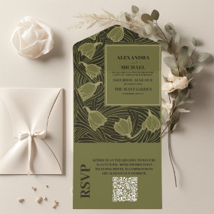 QR Code Classic Green Art Nouveau Hochzeit All In One Einladung