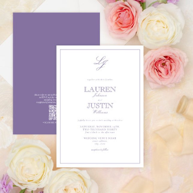 QR Code Classic Lavendel Script Monogram Wedding Einladung (Von Creator hochgeladen)
