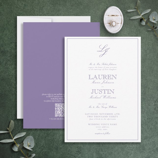 QR Code Classic Lavendel Script Monogram Wedding Einladung (Von Creator hochgeladen)