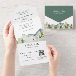 Qr Code Classic Mountain Forest Watercolor Wedding All In One Einladung