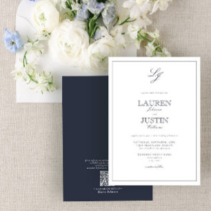 QR Code Classic Navy Blue Script Monogram Wedding Einladung