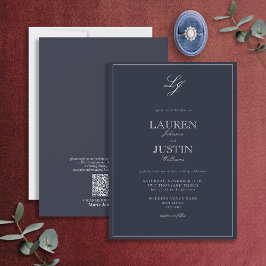 QR Code Classic Navy Blue Script Monogram Wedding Einladung