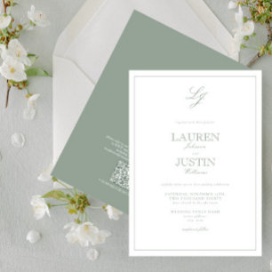 QR Code Classic Sage Green Monogram Wedding Einladung