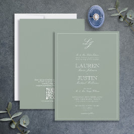 QR Code Classic Sage Green Script Monogram Wedding Einladung