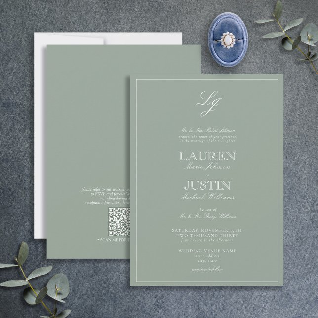 QR Code Classic Sage Green Script Monogram Wedding Einladung (Von Creator hochgeladen)