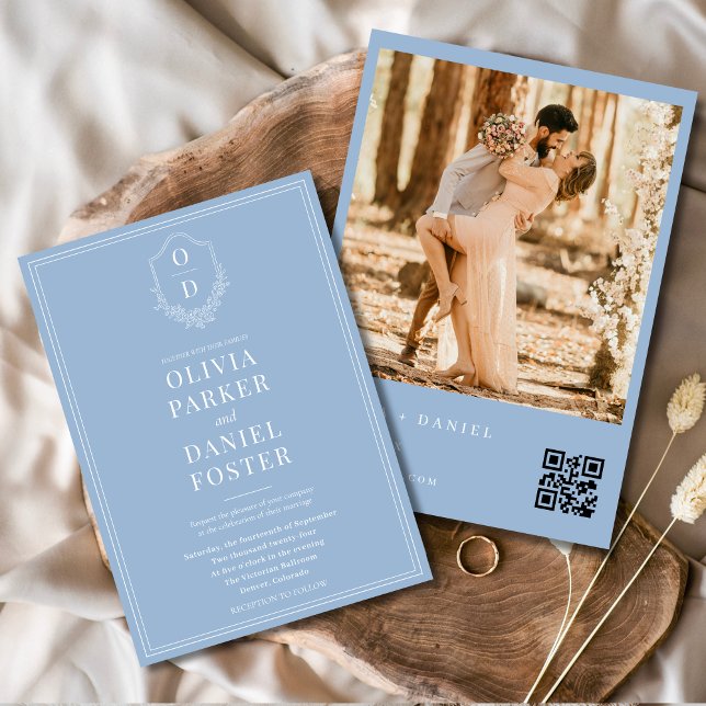 QR Code Classic Wappen Dusty Blue Foto Wedding Einladung (Von Creator hochgeladen)