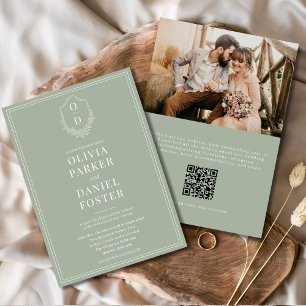 QR Code Classic Wappen Sage Green Foto Hochzeit Einladung