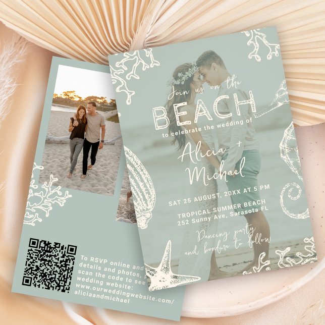 QR code coastal beach destination wedding Einladung (Von Creator hochgeladen)