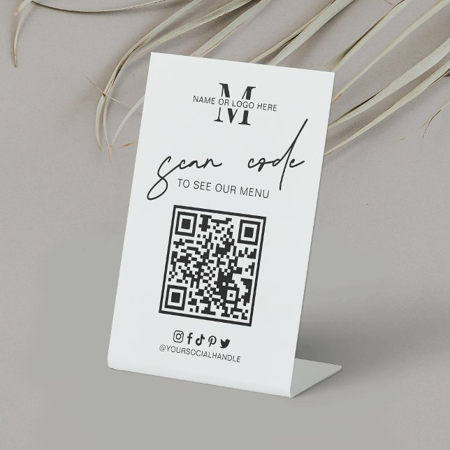 QR Code Coffee Shop Menü Minimal Schwarz-weiße Log Sockelschild (Showcase your menu with this QR code pedestal sign in minimalist black and white design)