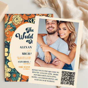 QR Code Colorful Groovy Retro 70er Floral Wedding Einladung